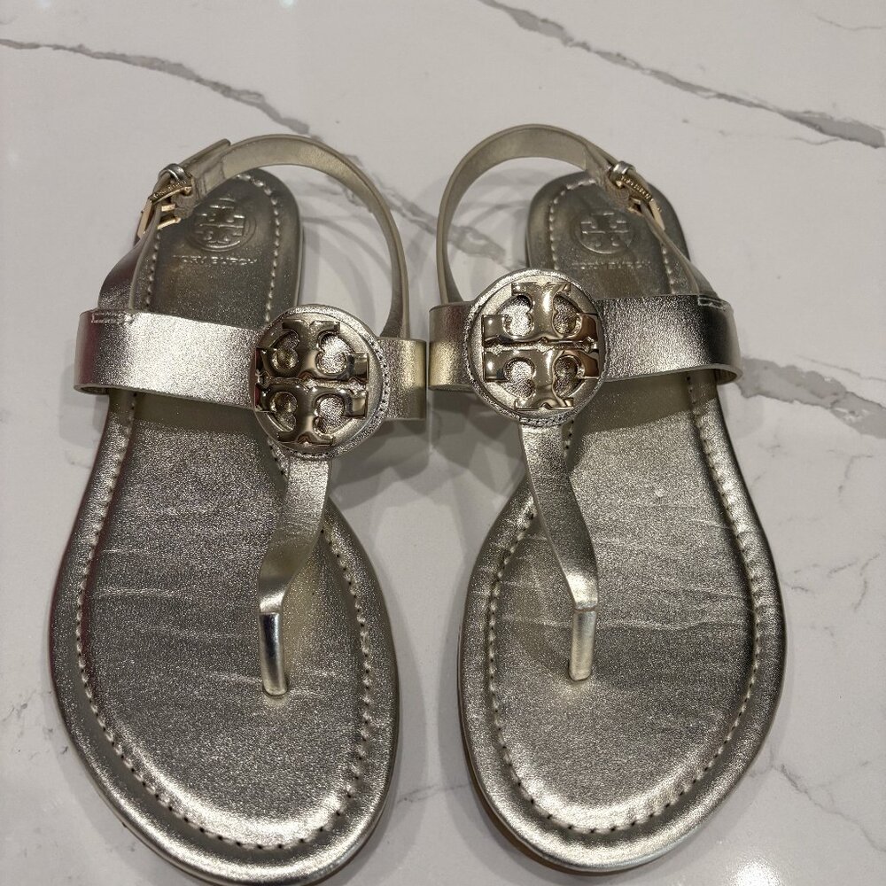 Spark Gold Tory Burch Bryce Flat Thong Sandals - Size 7.5
